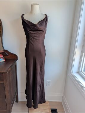 Elegant Brown Cowl-Neck Satin Evening Dress